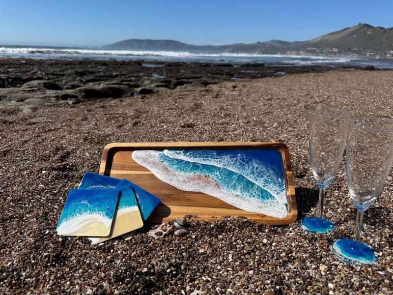 Coastal Serving Set, Champagne Glasses, Resin Art, Luxury Nautical Host Gift