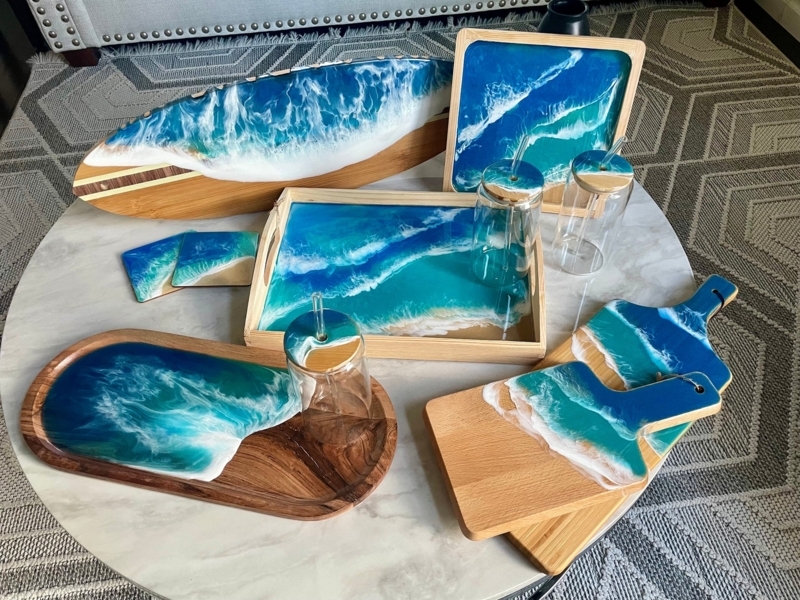 Coastal Serving Tray with Laced Foam Resin Ocean Waves