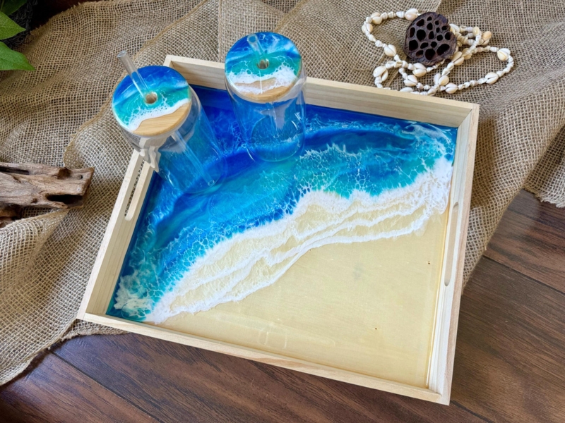 Coastal Serving Tray with Resin Wave Art and Anchor Motif
