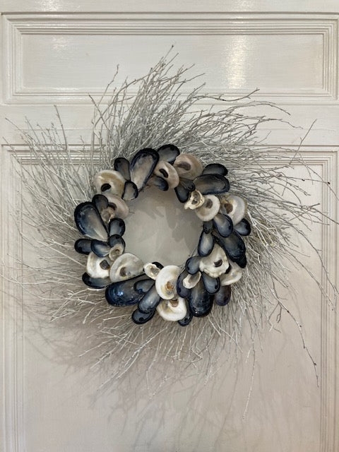 Coastal Shell Wreath: Whitewashed Twigs with Mussel and Oyster Accents