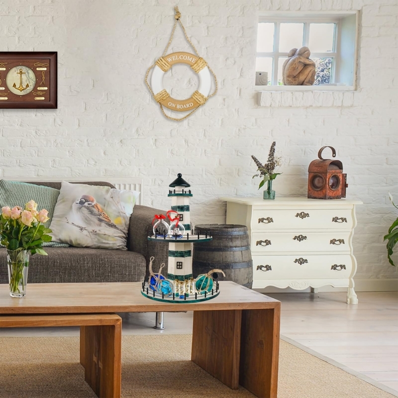 Coastal Tiered Tray Stand with Lighthouse Theme and Teal Finish