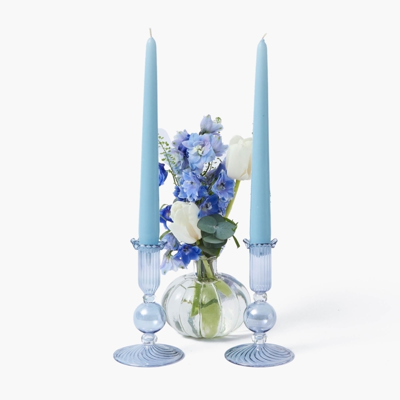 Cobalt Blue Ceramic Candle Holder Pair Sculpted Petal Floral Design