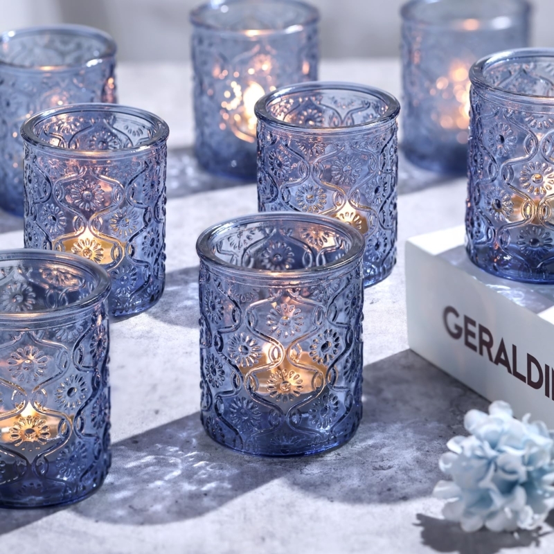 Cobalt Blue Glass Votive Candle Holder Set Embossed Floral Pattern