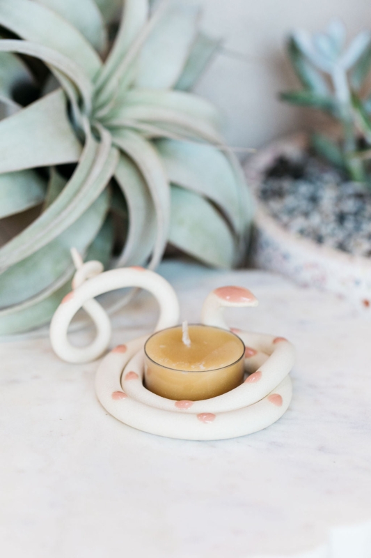 Coiled Ceramic Snake Tealight Holder Speckled Serpentine Form
