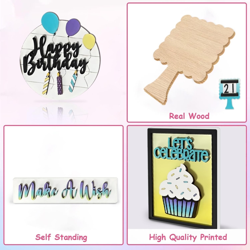 Colorful Wooden Birthday Signs for Tiered Tray Decor Set