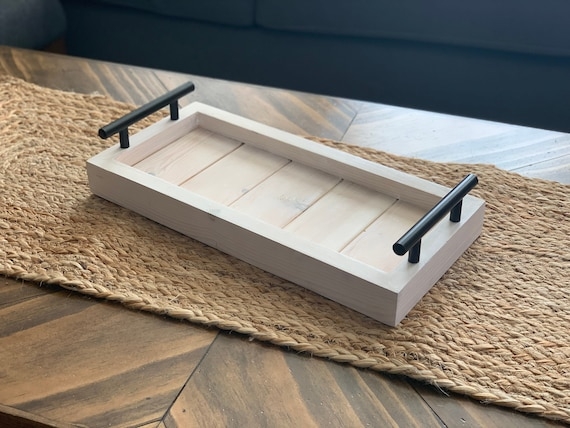 Compact Rustic Wood Vanity Tray Metal Handles Dark Stain Farmhouse