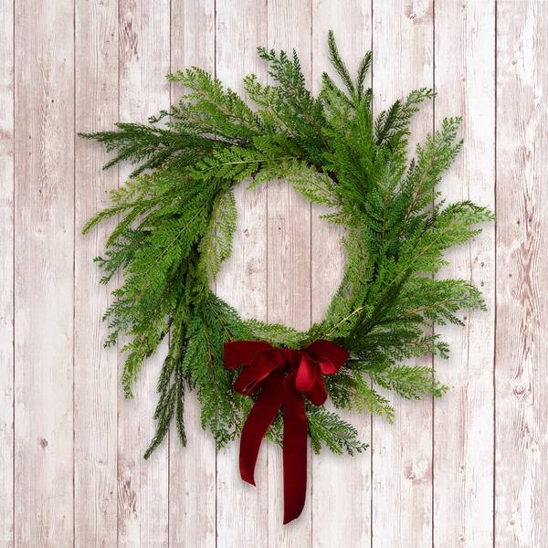 Cottage Christmas Wreath Buffalo Check Ribbon Mixed Evergreen Tips