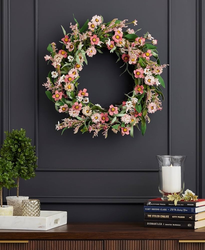 Cottagecore Floral Wreath with Dense Foliage and Mixed Pink Blooms