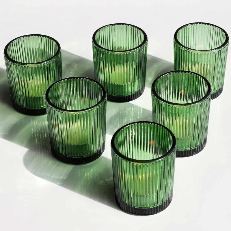 Cozy Ribbed Glass Votive Holder Flared Rim Sage Translucent Decor