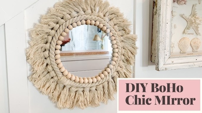 Cream Macrame Round Accent Mirror with Fringe Border, Boho Chic Style
