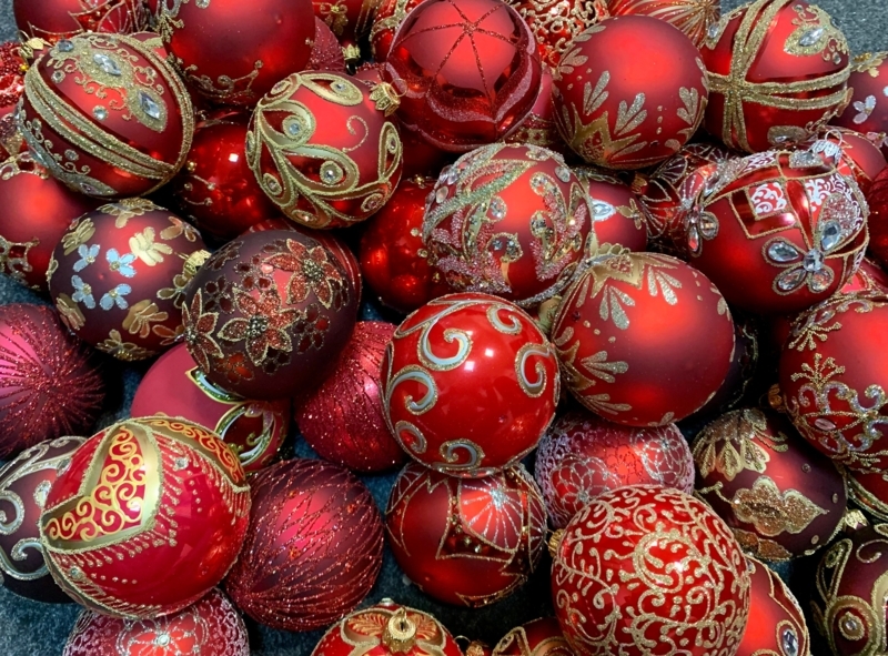 Crimson Glass Ornaments, Hand Painted Gold Glitter Scroll Patterns