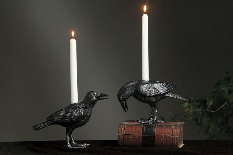 Crow Taper Candle Holder Pair Black Matte Sculptural Bird Gothic