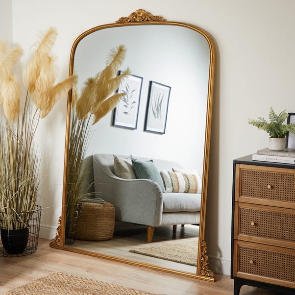 Curved Full Length Floor Mirror with Woven Rattan Frame, Boho Leaner