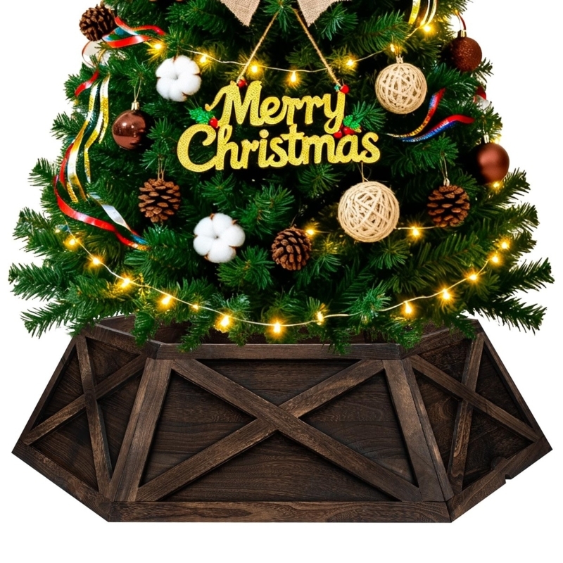 Dark Brown Wood Hexagon Tree Collar Rustic Farmhouse Paneled