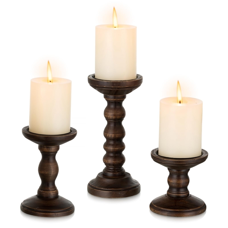 Dark Distressed Wood Pillar Candle Holder Set for Rustic Mantel Decor.