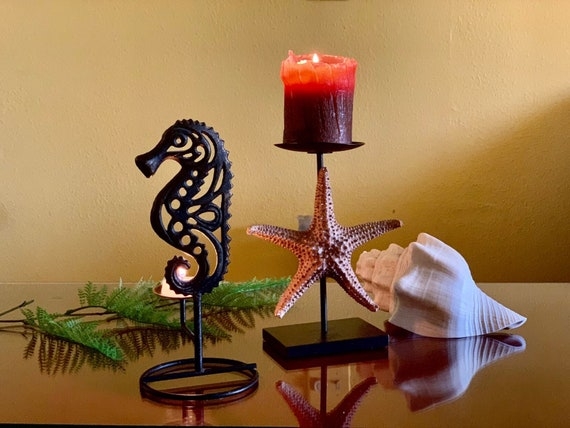 Dark Metal Wire Sculptural Candle Holder with Seahorse Shape