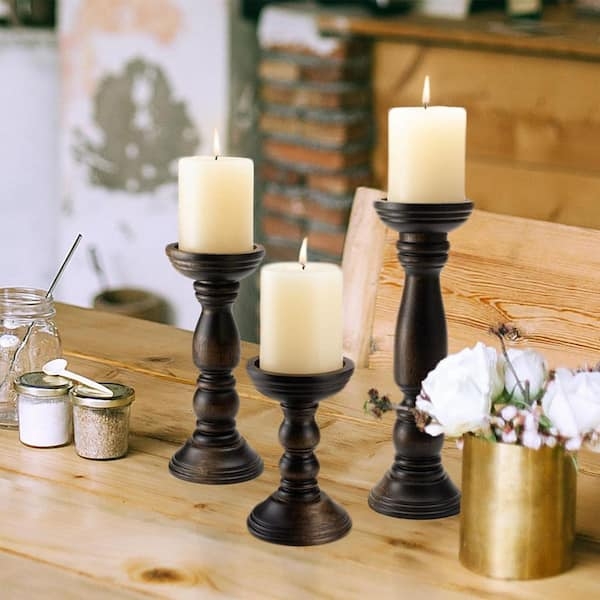 Dark Stained Wood Candle Holder Set with Turned Silhouette for Farmhouse.