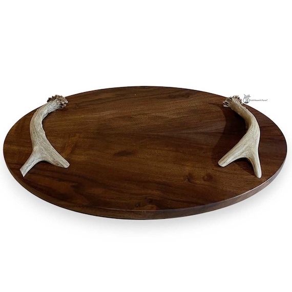 Dark Walnut Serving Tray featuring Textured Bone-Like Antler Handles