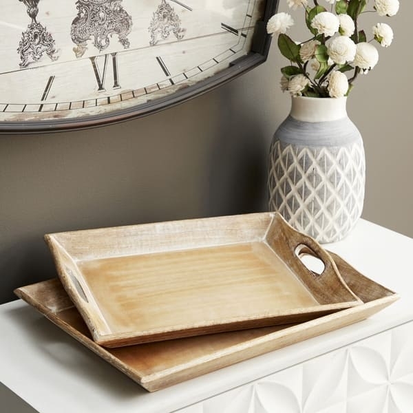 Dark Wood Serving Tray Set Nested Cutout Handles Rich Brown Stain