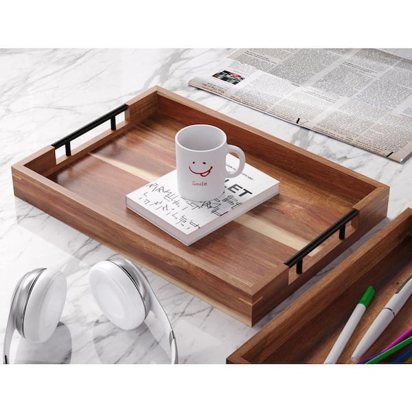 Dark Wood Serving Tray with Flat Metal Side Handles