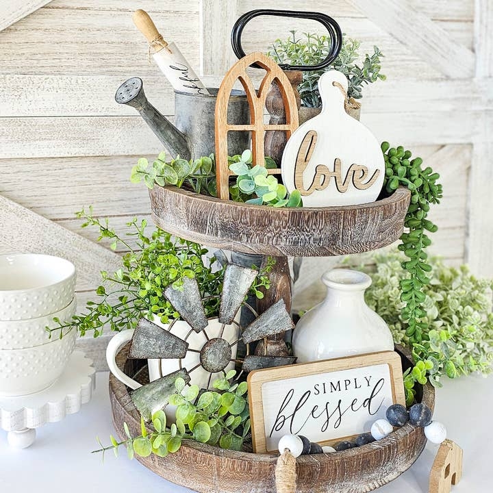 Dark Wood Tiered Tray Bundle featuring Gnome Figurine Decor