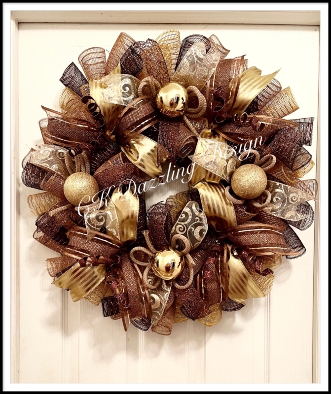Deco Mesh Wreath, Chocolate and Gold Palette with Bauble Accents for Holiday