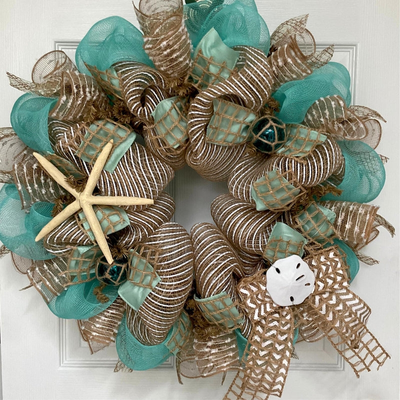Deco Mesh Wreath with Starfish & Buoy Accents, Coastal Front Door Idea