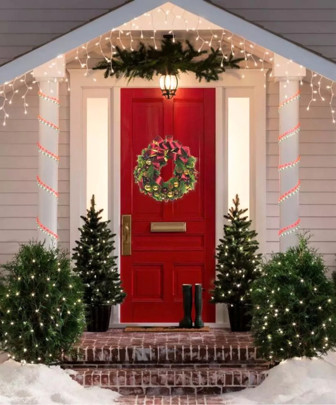 Decorated Christmas Wreath with Oversized Ribbon Bow and Mixed Ornaments