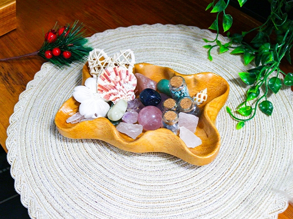 Decorative Bowl: Lotus Carved Design, Crystal Organizer, Wooden Decor