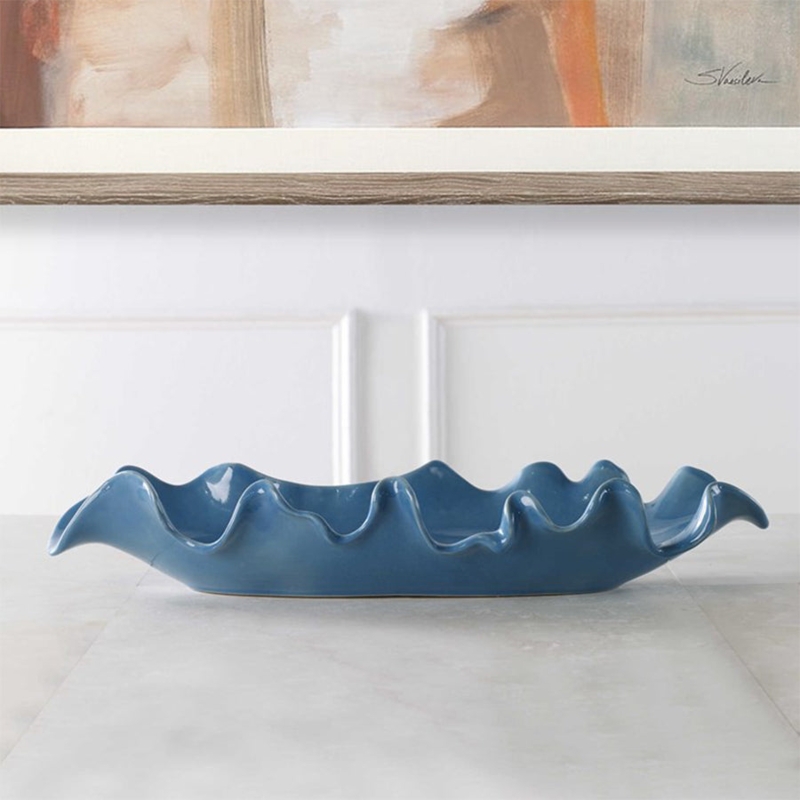 Decorative Bowl Ruffled Edges Deep Navy Blue Textured Ceramic Like