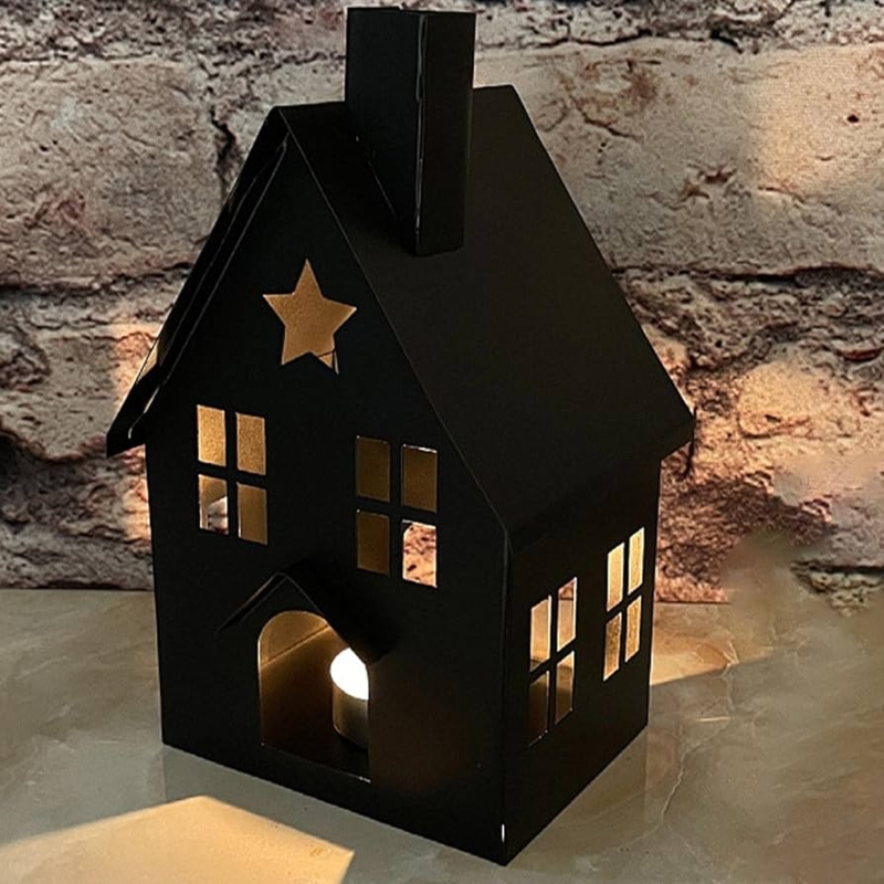 Decorative Lantern Antique Bronze House Silhouette Distressed Metal