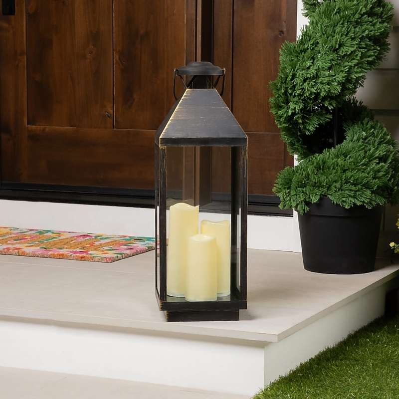 Decorative Lantern Black Brushed Gold Finish Trio Staggered Candles