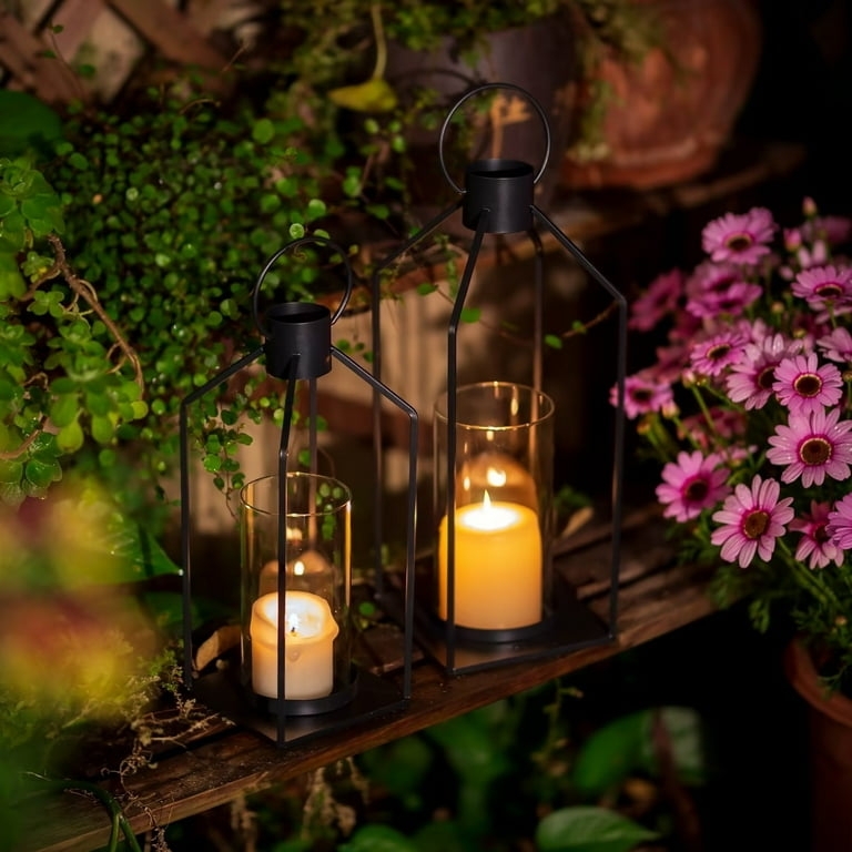 Decorative Lantern: Black Metal Geometric Frame with Circular Handle