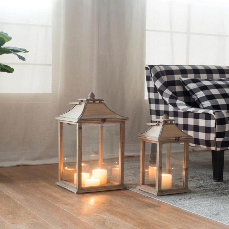 Decorative Lantern Distressed Ivory Wood Gabled Top Farmhouse