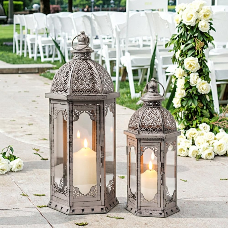 Decorative Lantern: Vintage Grey Brushed Metal Tiered Set