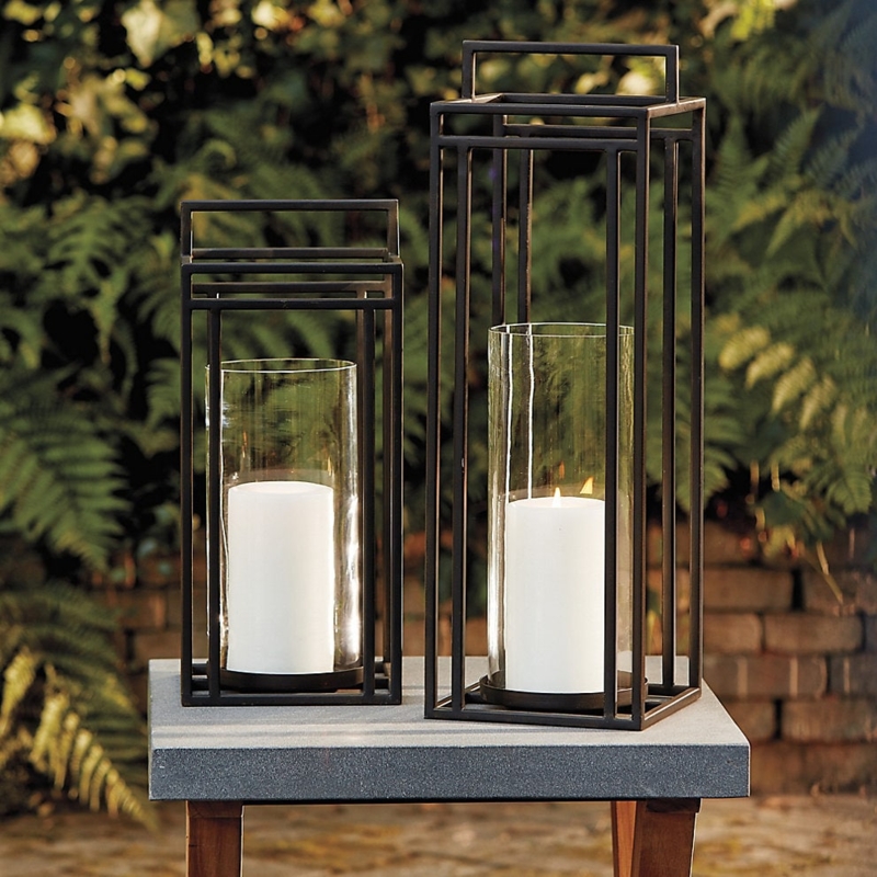 Decorative Lanterns: Black Iron Tiered Set with Glass Hurricanes