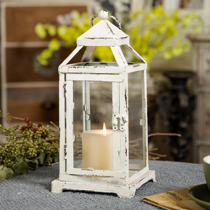 Decorative Lanterns: Distressed White Metal Farmhouse Pair