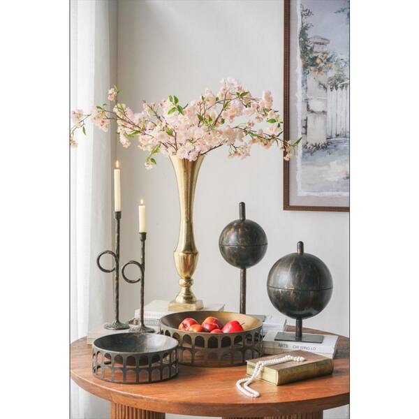 Decorative Pedestal Tray Matte Black Metal Interlocking Rings Orb Design