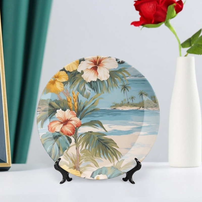 Decorative Plate Coastal Beach Time Script Pictorial Graphic Black Wire Stand Display Accent
