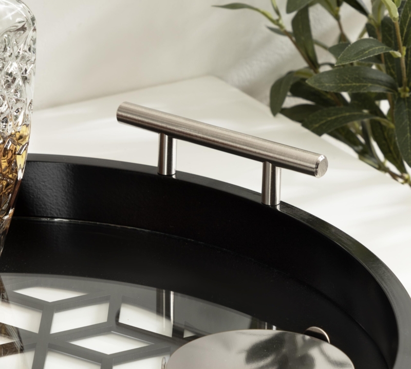 Decorative Serving Tray Round Black Geometric Cutout Silver Handles
