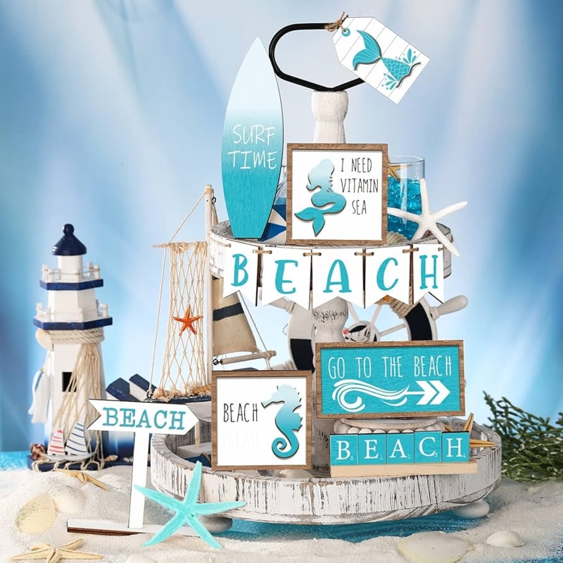 Decorative Sign Set, 14-Piece Variety, Coastal Tiered Tray Decor Set