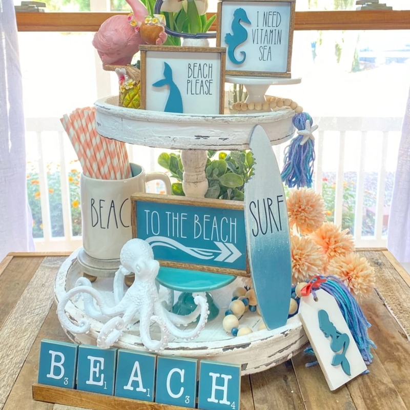 Decorative Sign Set Beach Bus Cutout Blue White Ocean Themed Decor