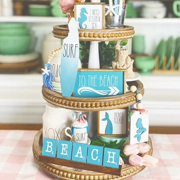 Decorative Signs Set with 3D Accents, Beachy Mermaid Shelf Decor