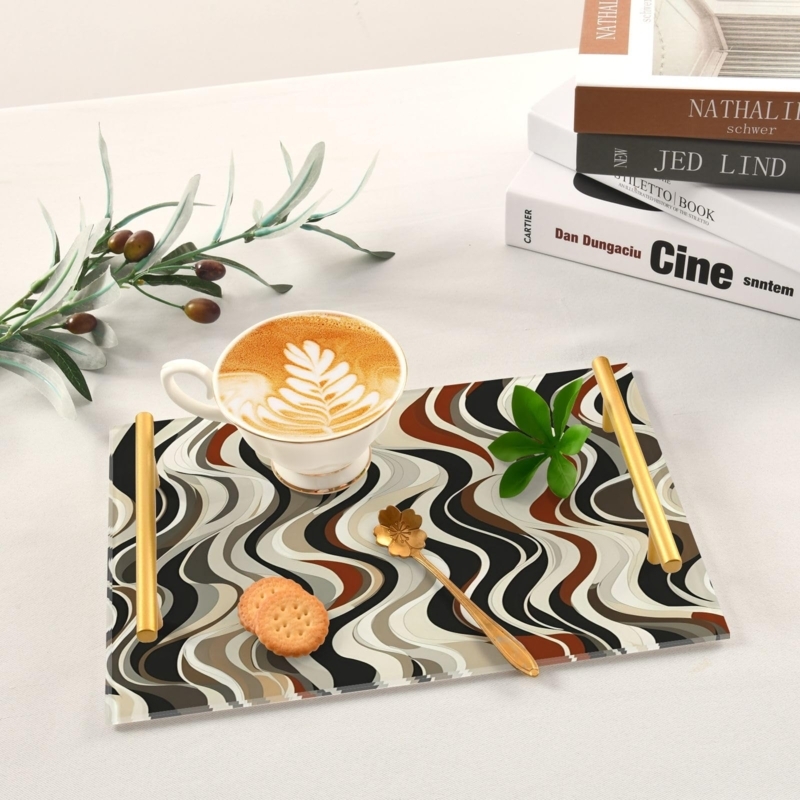 Decorative Tray Acrylic Abstract Wavy Lines Polished Gold Handles