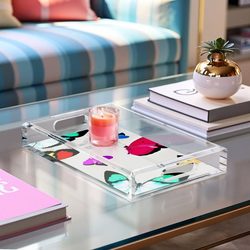 Decorative Tray, Acrylic with Butterfly Motif, Vibrant Maximalist Style