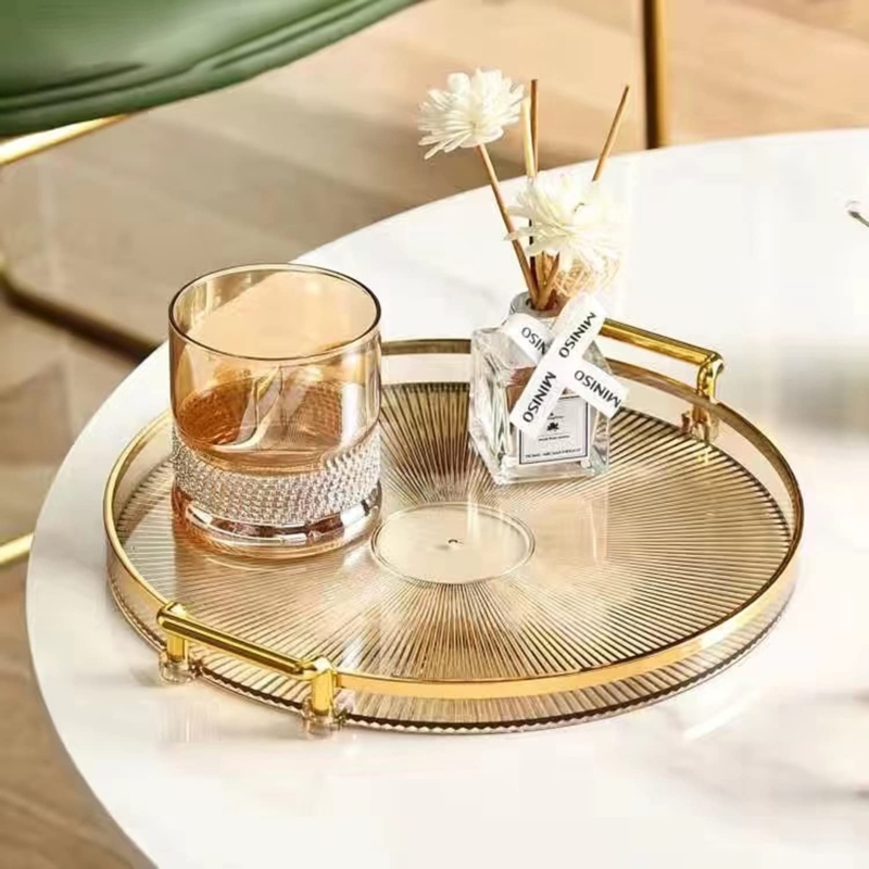 Decorative Tray Amber Translucent Finish Circular Gold Handles Amber Decor Styling