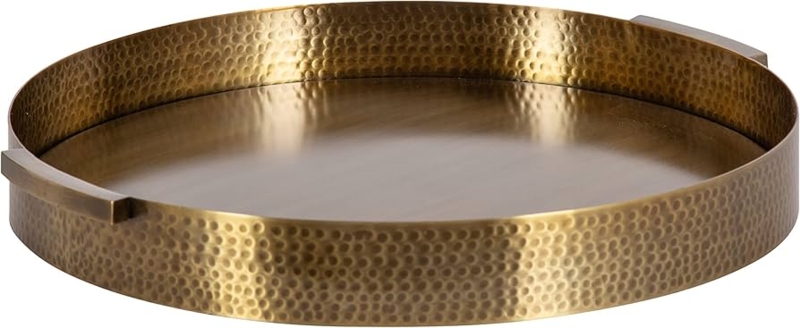 Decorative Tray Antique Brass Hammered Finish Round Minimalist Handles