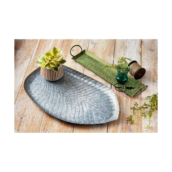 Decorative Tray Antique Silver Leaf Shape Botanical Vein Details