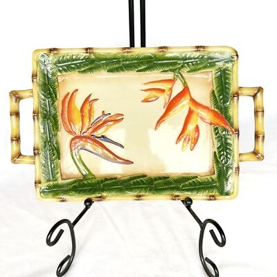 Decorative Tray Bamboo Look Trim Bird Of Paradise Art Hand Painted Tiki Style Home Accessories