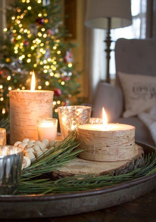 Decorative Tray Birch Branch Candle Holders Wood Bead Garland Display